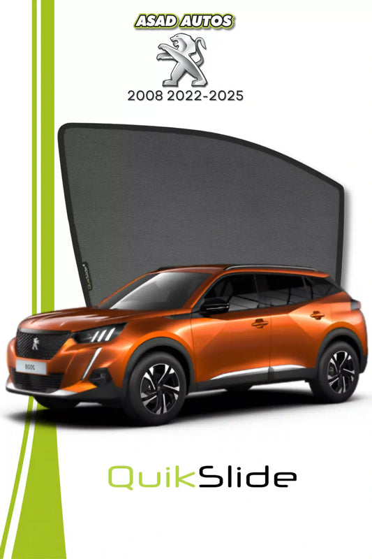 QS QuikSlide custom fit window sun shades installed on Peugeot 2008 2022-2026 crossover side window