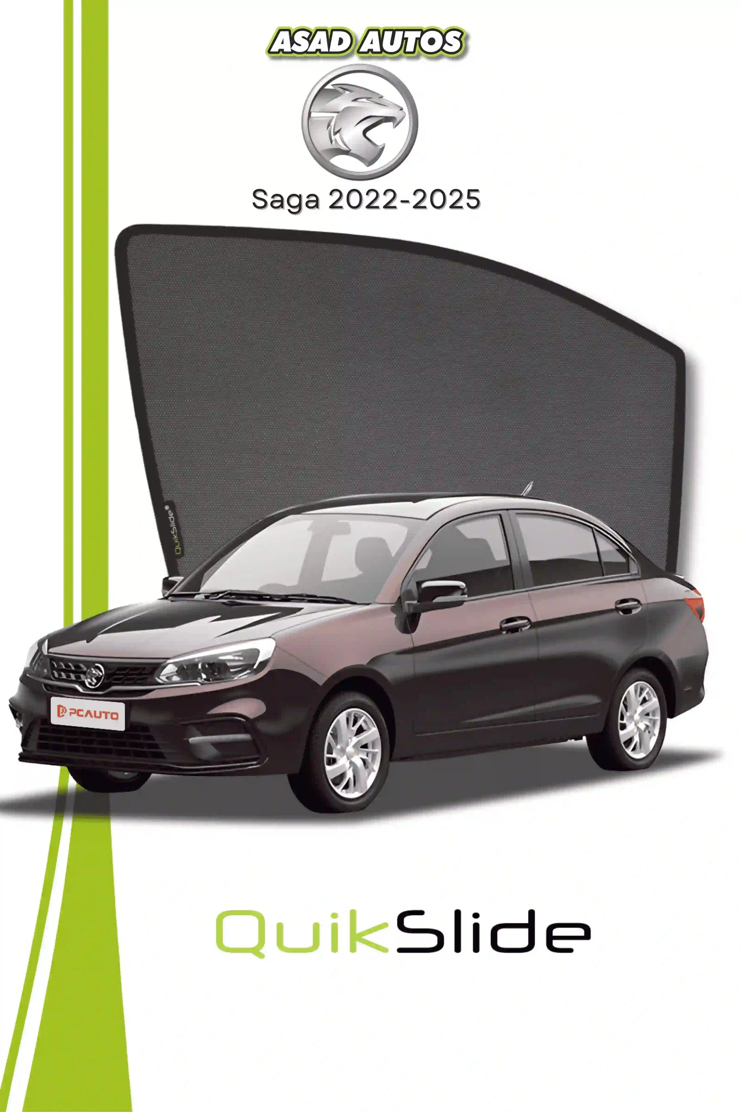 QS QuikSlide custom fit window sun shades installed on Proton Saga 2022-2025 sedan side window