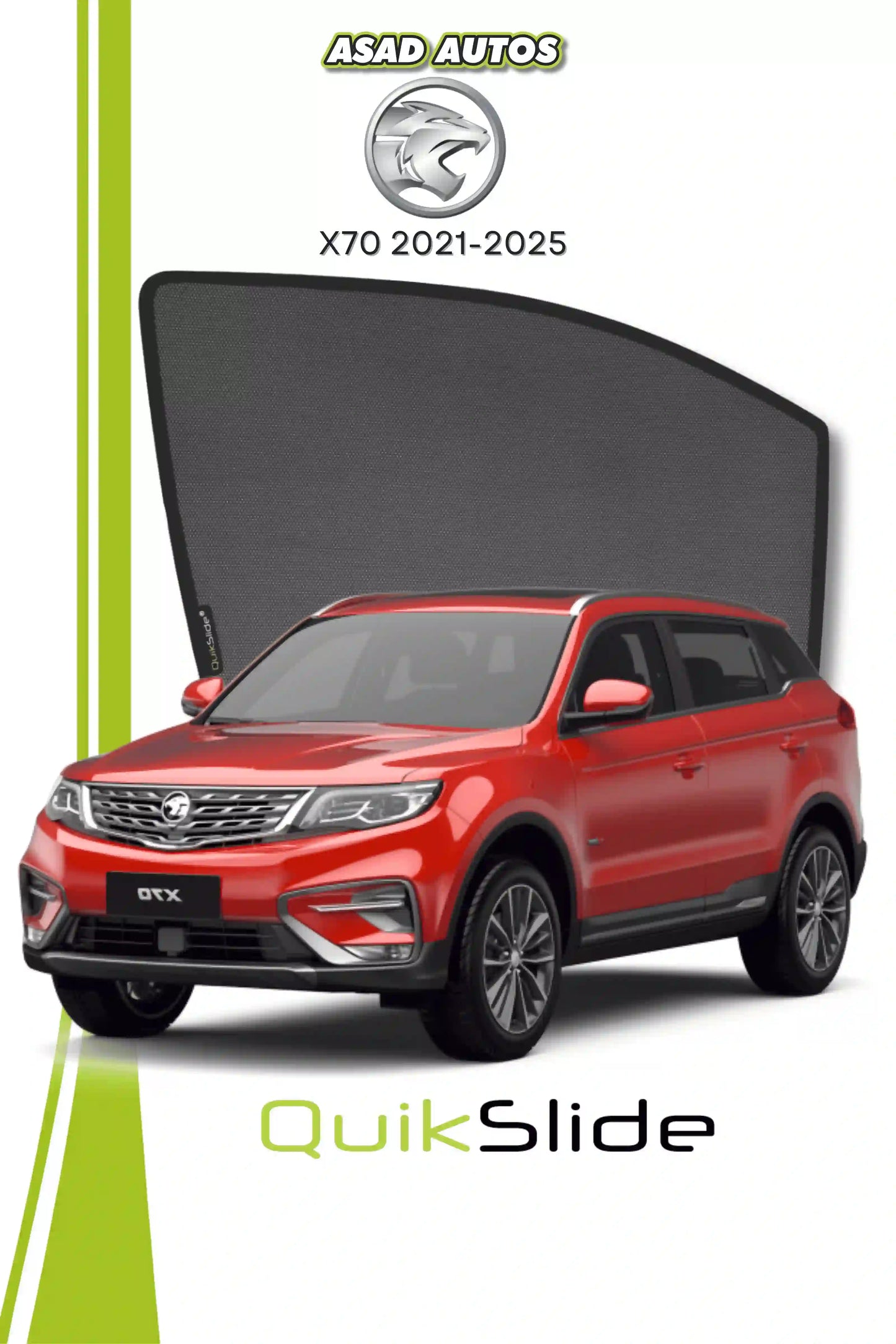 QS QuikSlide custom fit window sun shades installed on Proton X70 2021-2025 crossover side window