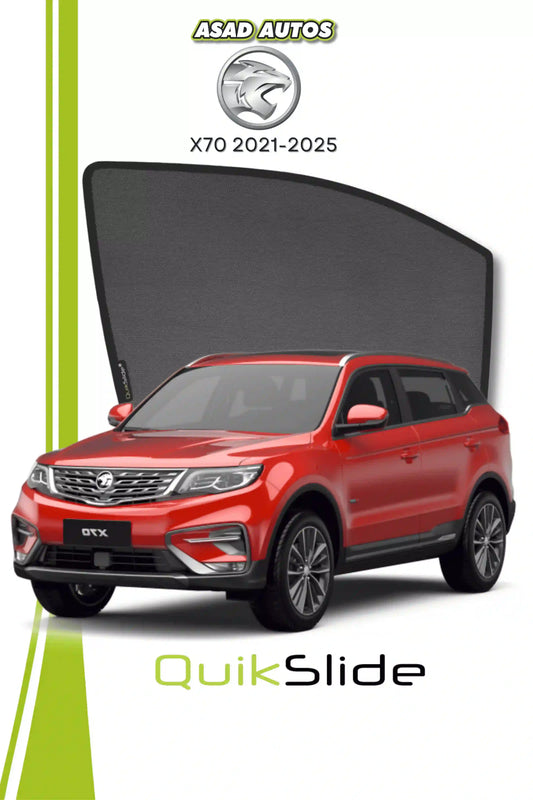QS QuikSlide custom fit window sun shades installed on Proton X70 2021-2025 crossover side window