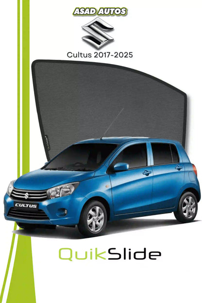 QS QuikSlide custom fit window sun shades installed on Suzuki Cultus 2017-2026 hatchback side window