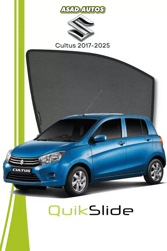 QS QuikSlide custom fit window sun shades installed on Suzuki Cultus 2017-2026 hatchback side window