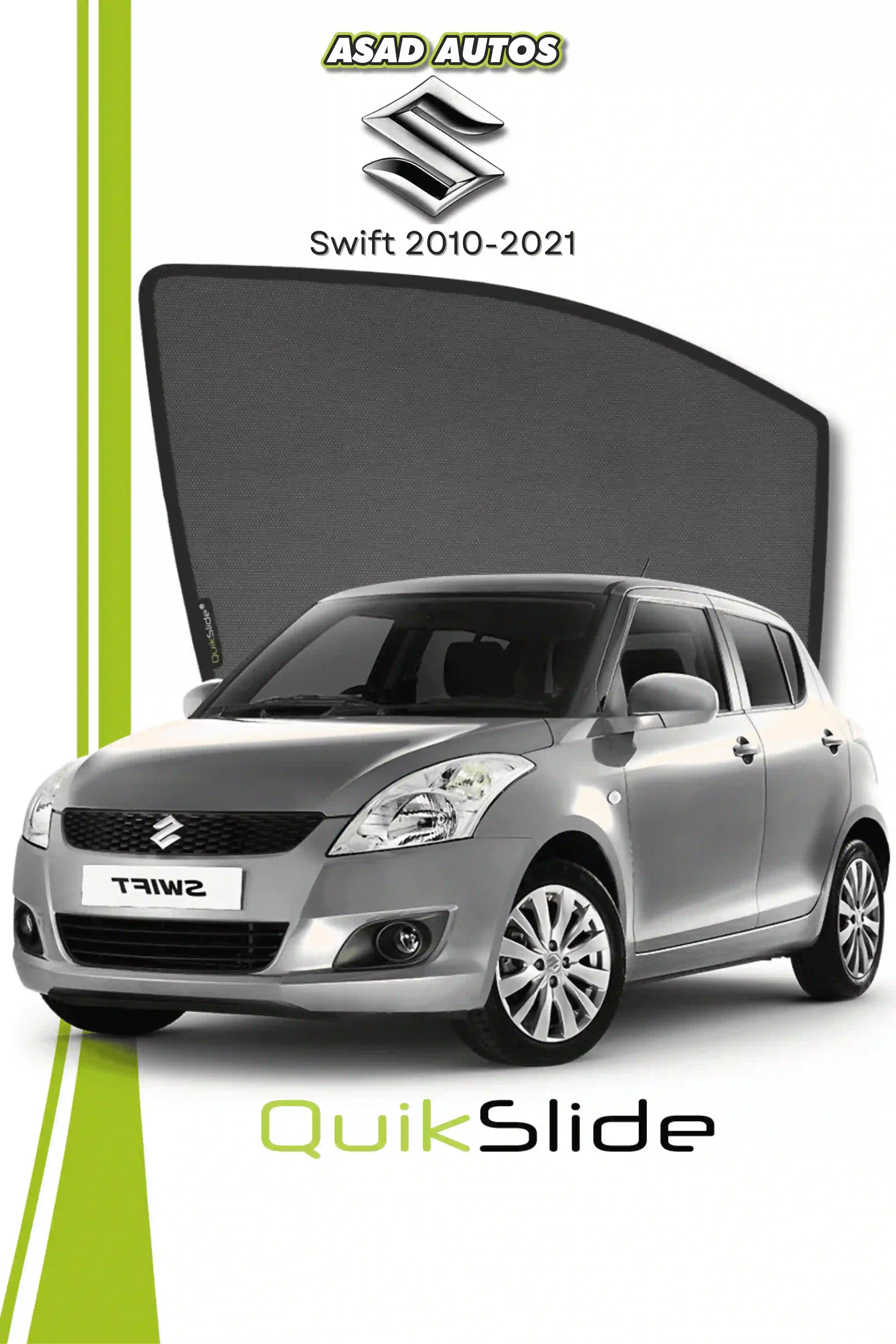 QS QuikSlide custom fit window sun shades installed on Suzuki Swift 2010-2021 hatchback side window