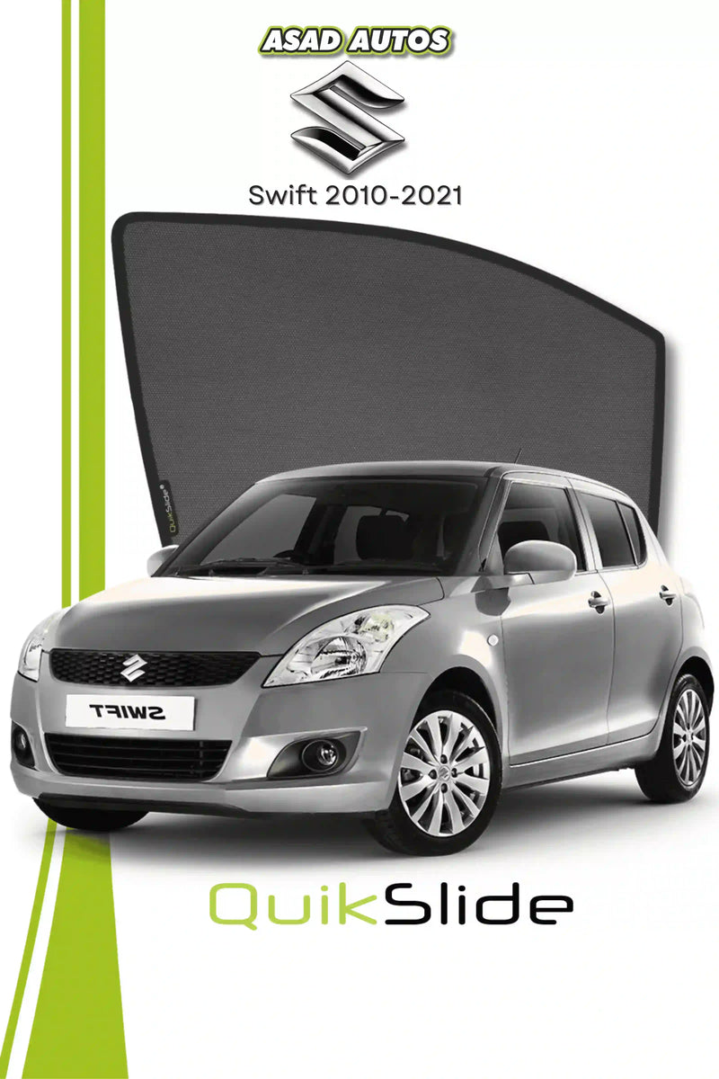 QS QuikSlide custom fit window sun shades installed on Suzuki Swift 2010-2021 hatchback side window