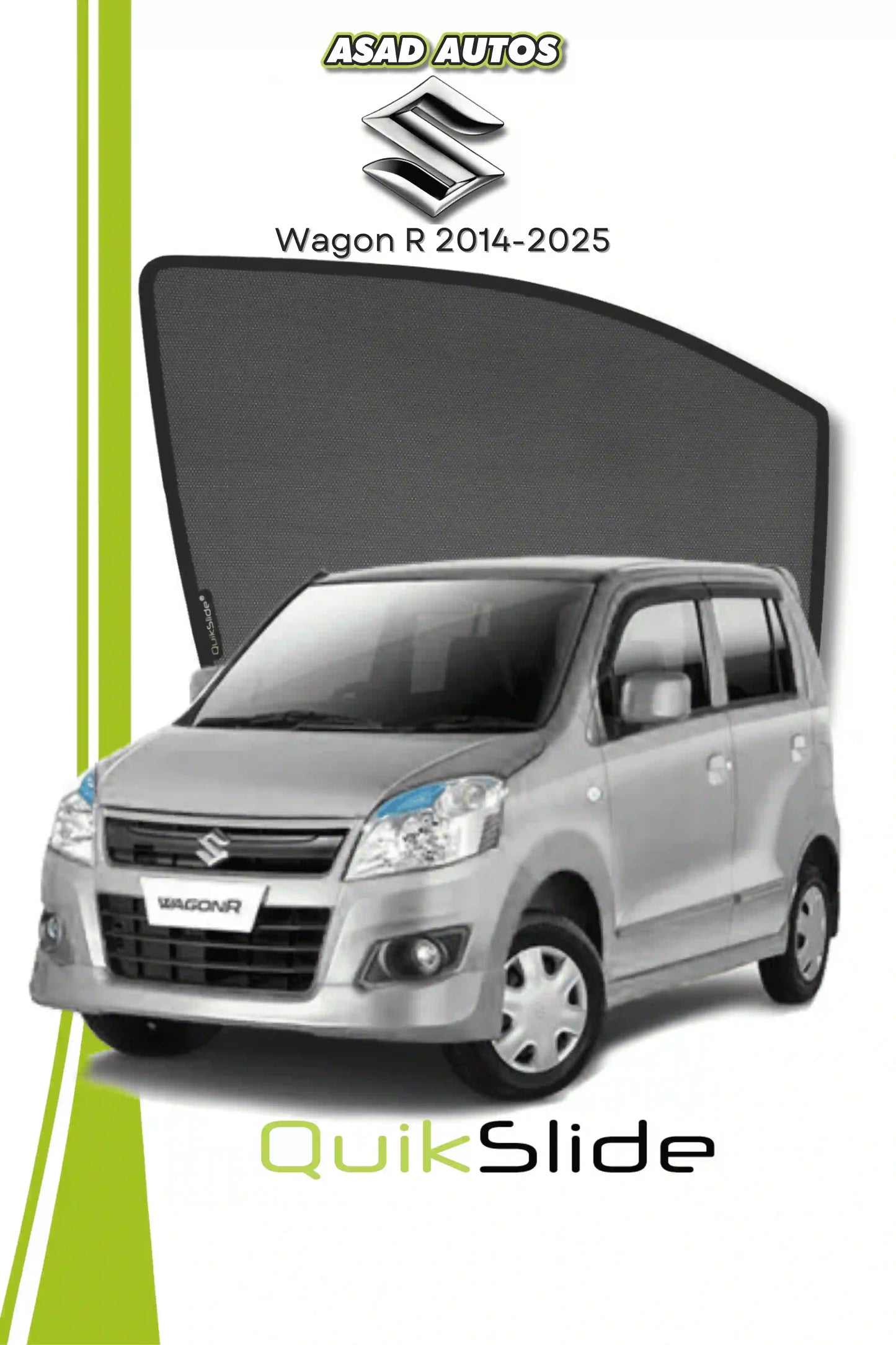 QS QuikSlide custom fit window sun shades installed on Suzuki Wagon R 2014-2026 hatchback side window