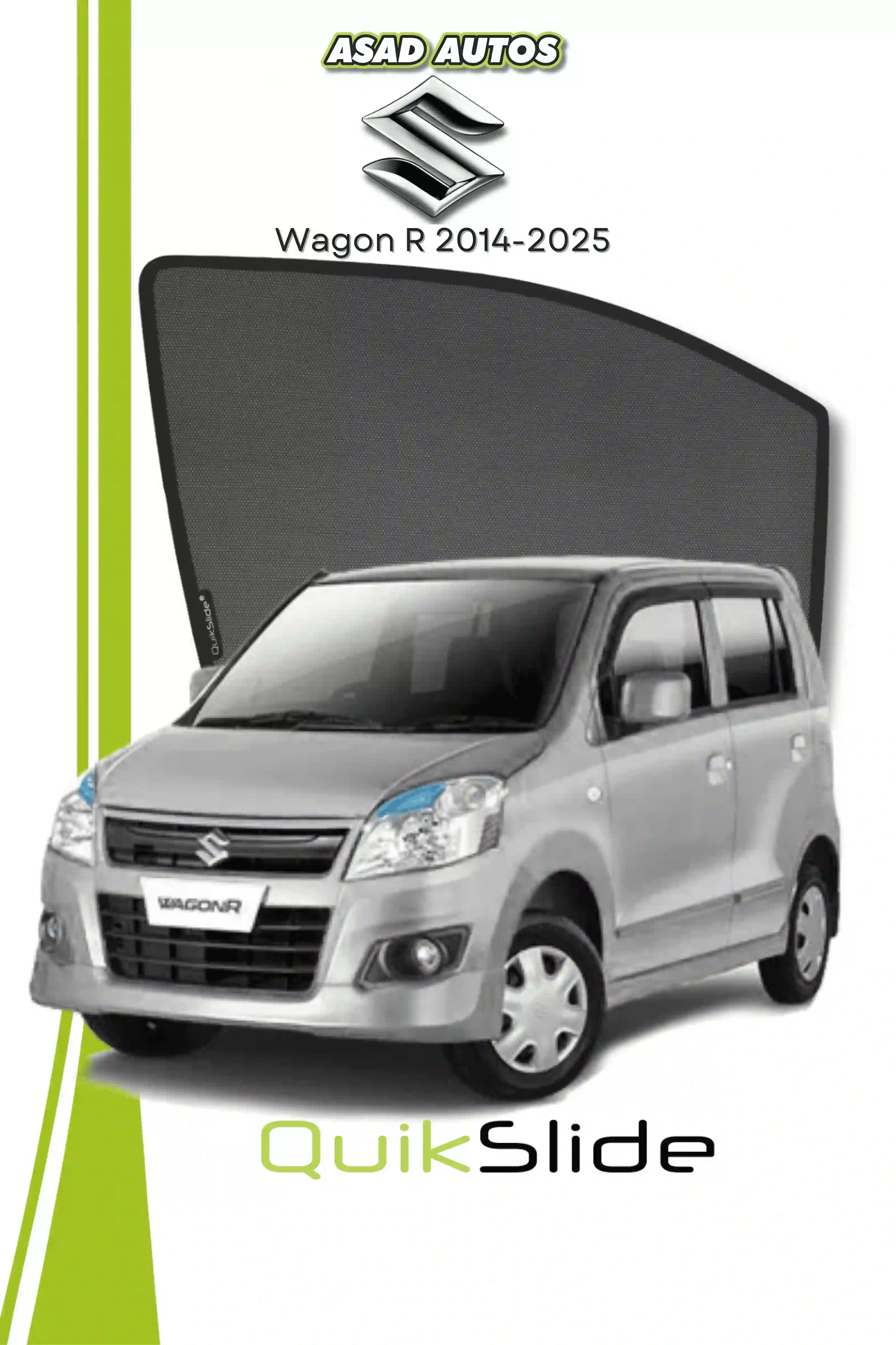 QS QuikSlide custom fit window sun shades installed on Suzuki Wagon R 2014-2026 hatchback side window