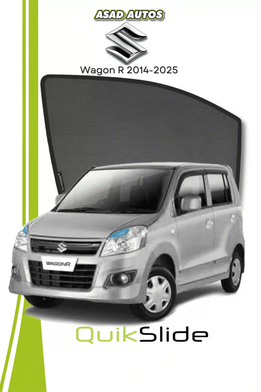 QS QuikSlide custom fit window sun shades installed on Suzuki Wagon R 2014-2026 hatchback side window