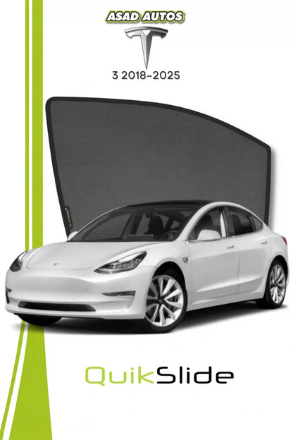 QS QuikSlide custom fit mesh sun shades installed on Tesla Model 3 2018-2025 side window