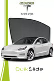 QS QuikSlide custom fit mesh sun shades installed on Tesla Model 3 2018-2025 side window