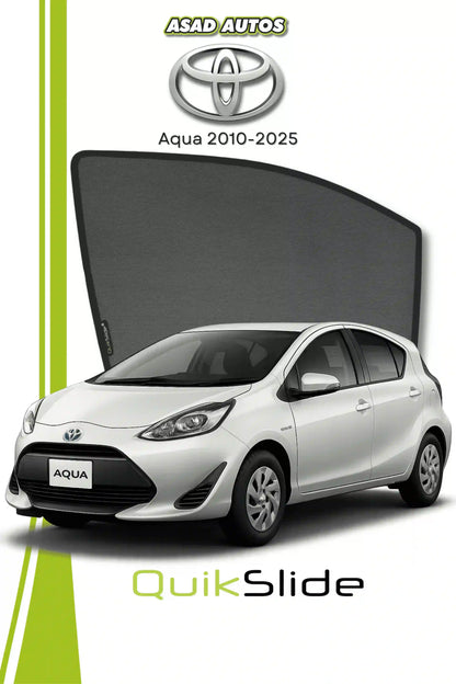 QS QuikSlide custom fit window sun shades installed on Toyota Aqua 2010-2025 side window