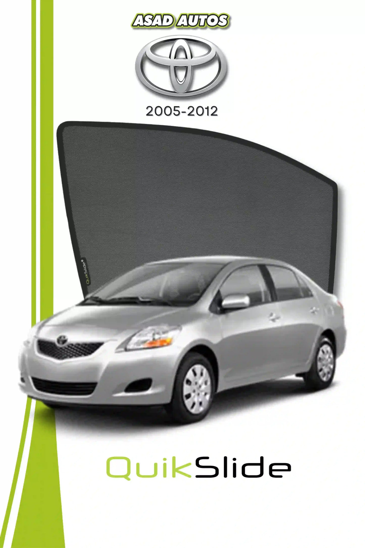 QS QuikSlide custom fit window sun shades installed on Toyota Belta 2007-2012 sedan side window