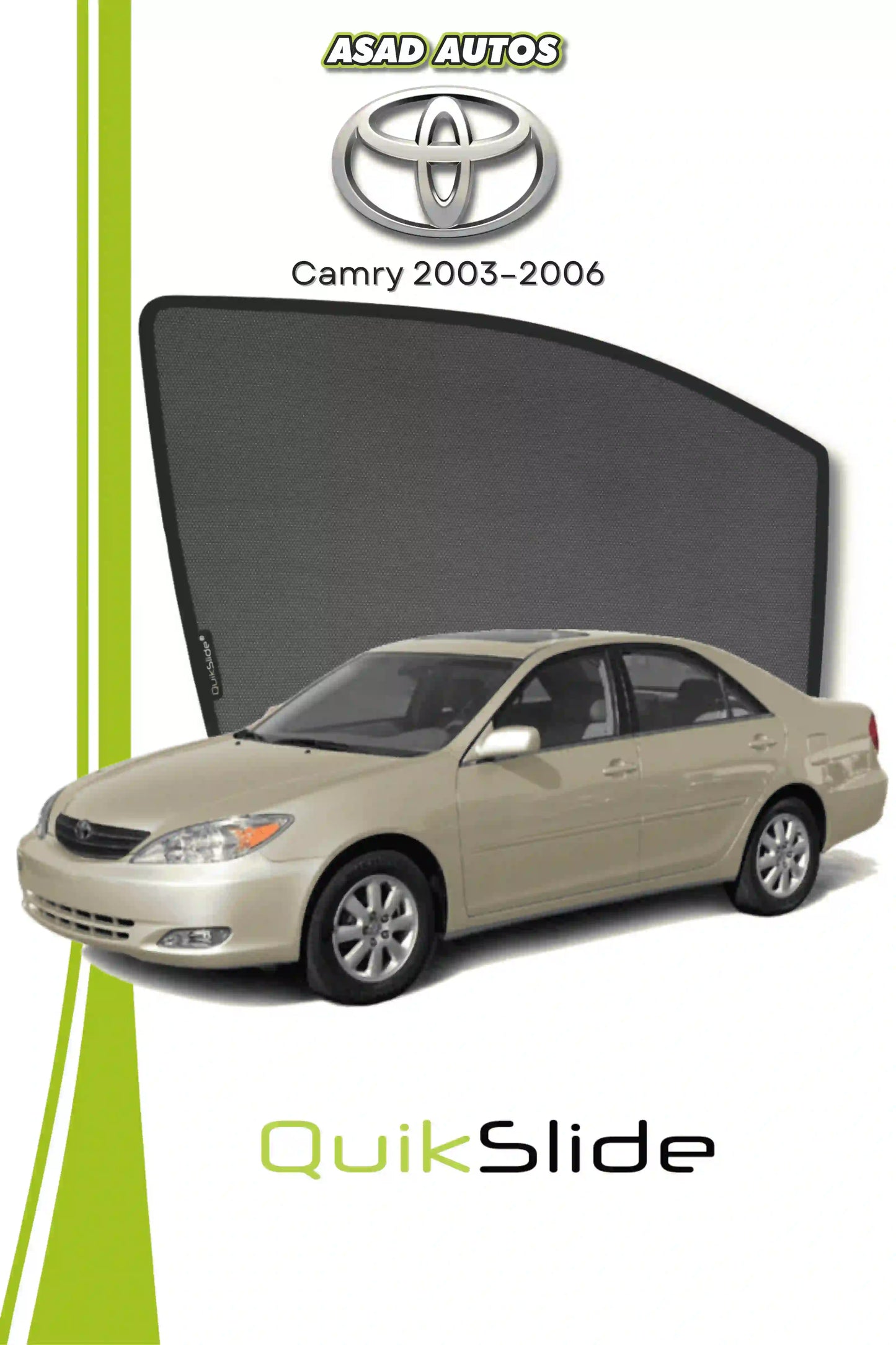QS QuikSlide custom fit mesh sun shades installed on Toyota Camry 2003-2006 sedan side window