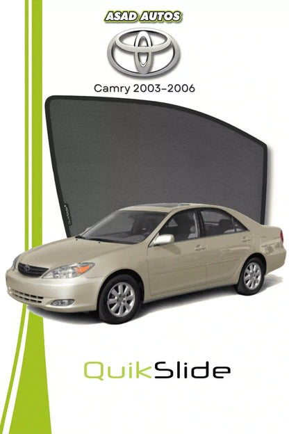 QS QuikSlide custom fit mesh sun shades installed on Toyota Camry 2003-2006 sedan side window