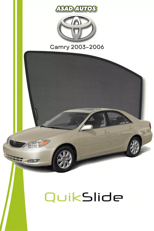 QS QuikSlide custom fit mesh sun shades installed on Toyota Camry 2003-2006 sedan side window