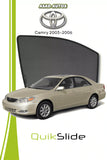 QS QuikSlide custom fit mesh sun shades installed on Toyota Camry 2003-2006 sedan side window