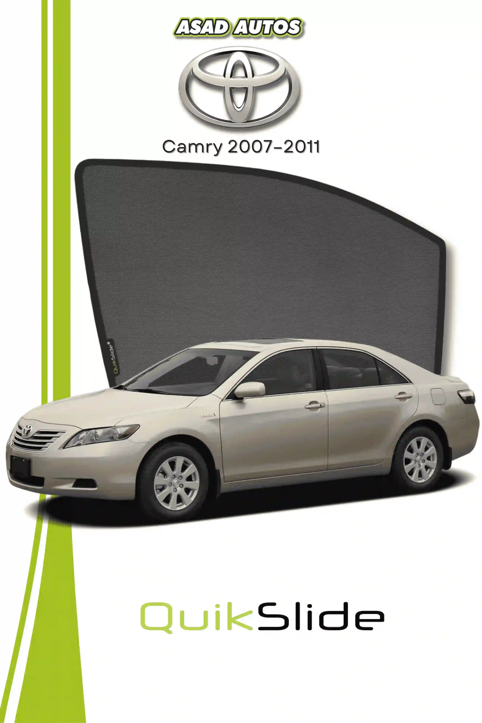 QS QuikSlide custom fit mesh sun shades installed on Toyota Camry 2007-2011 sedan side window
