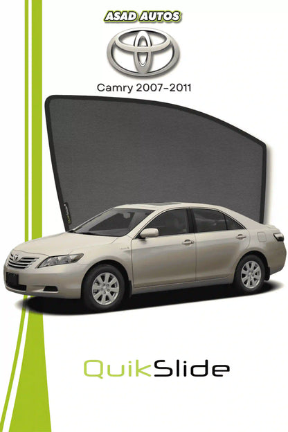 QS QuikSlide custom fit mesh sun shades installed on Toyota Camry 2007-2011 sedan side window