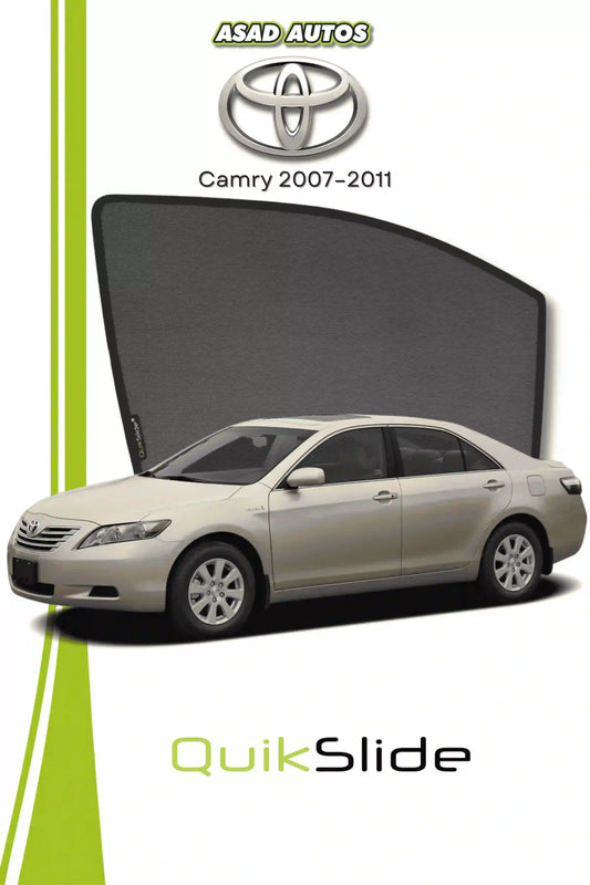 QS QuikSlide custom fit mesh sun shades installed on Toyota Camry 2007-2011 sedan side window
