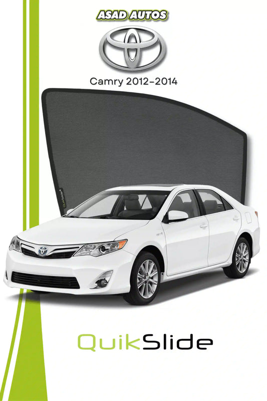 QS QuikSlide custom fit mesh sun shades installed on Toyota Camry 2012-2014 sedan side window