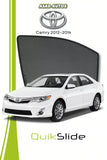 QS QuikSlide custom fit mesh sun shades installed on Toyota Camry 2012-2014 sedan side window