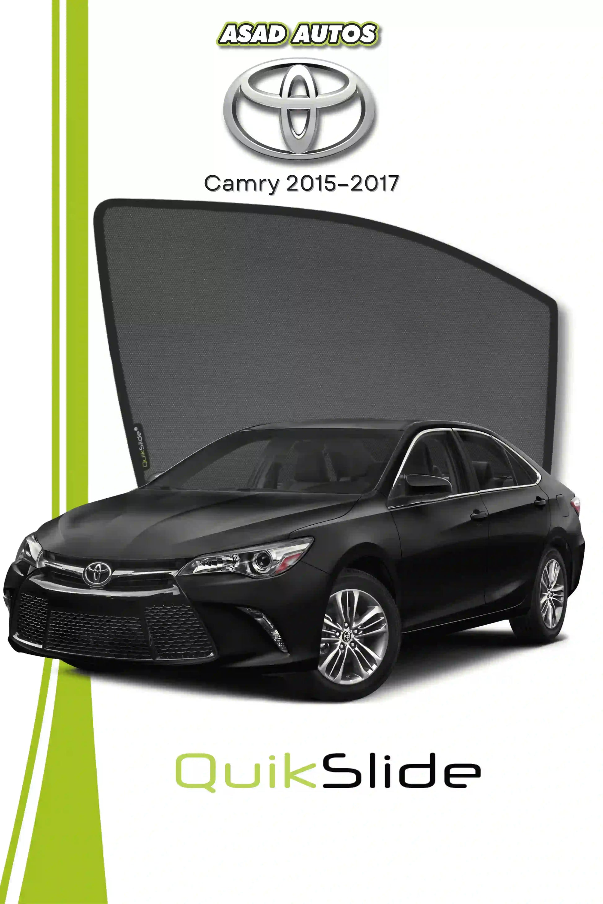 QS QuikSlide custom fit window sun shades installed on Toyota Camry 2015-2017 sedan side window