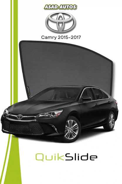 QS QuikSlide custom fit window sun shades installed on Toyota Camry 2015-2017 sedan side window