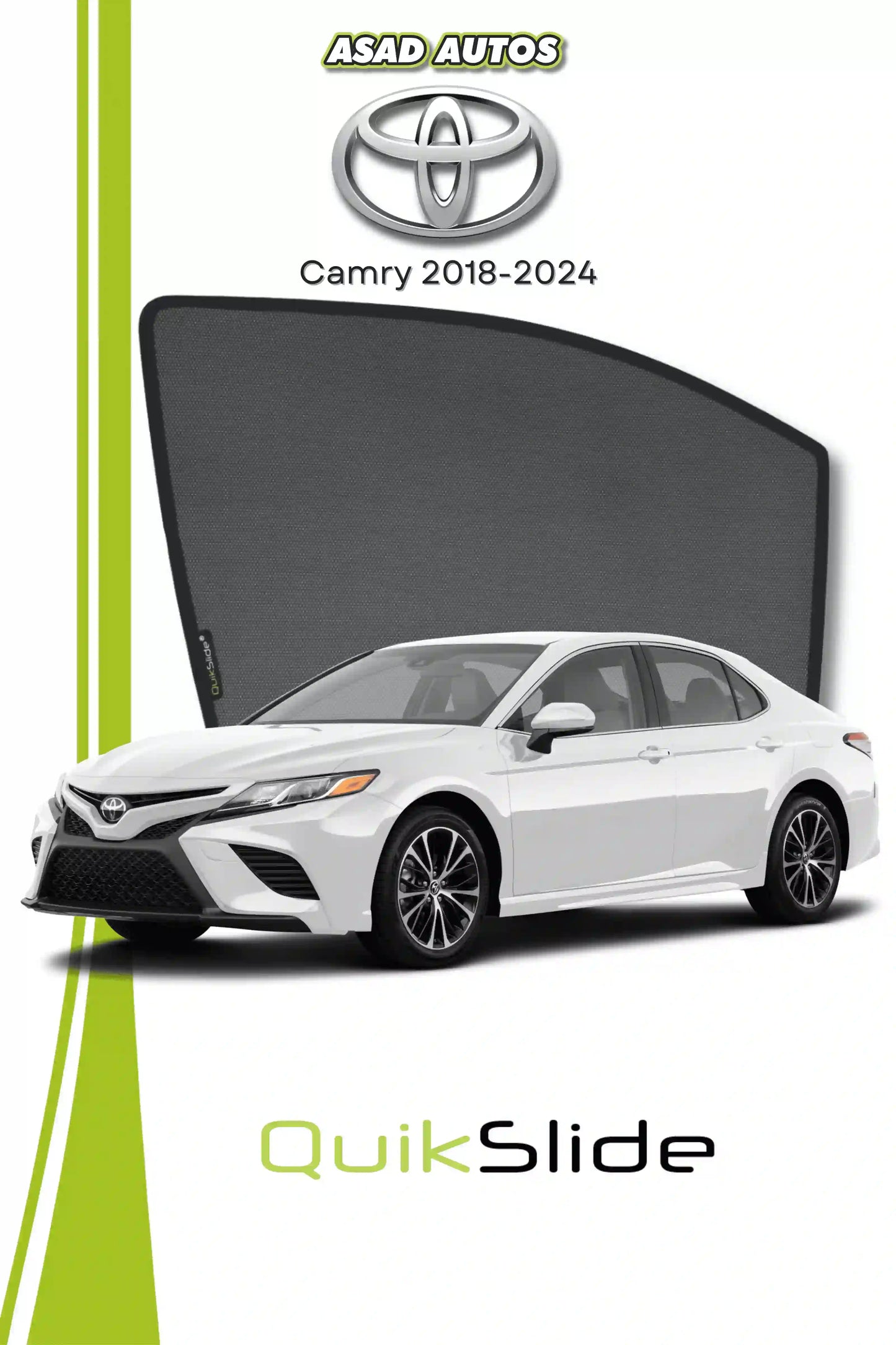 QS QuikSlide custom fit window sun shades installed on Toyota Camry 2018-2024 sedan side window