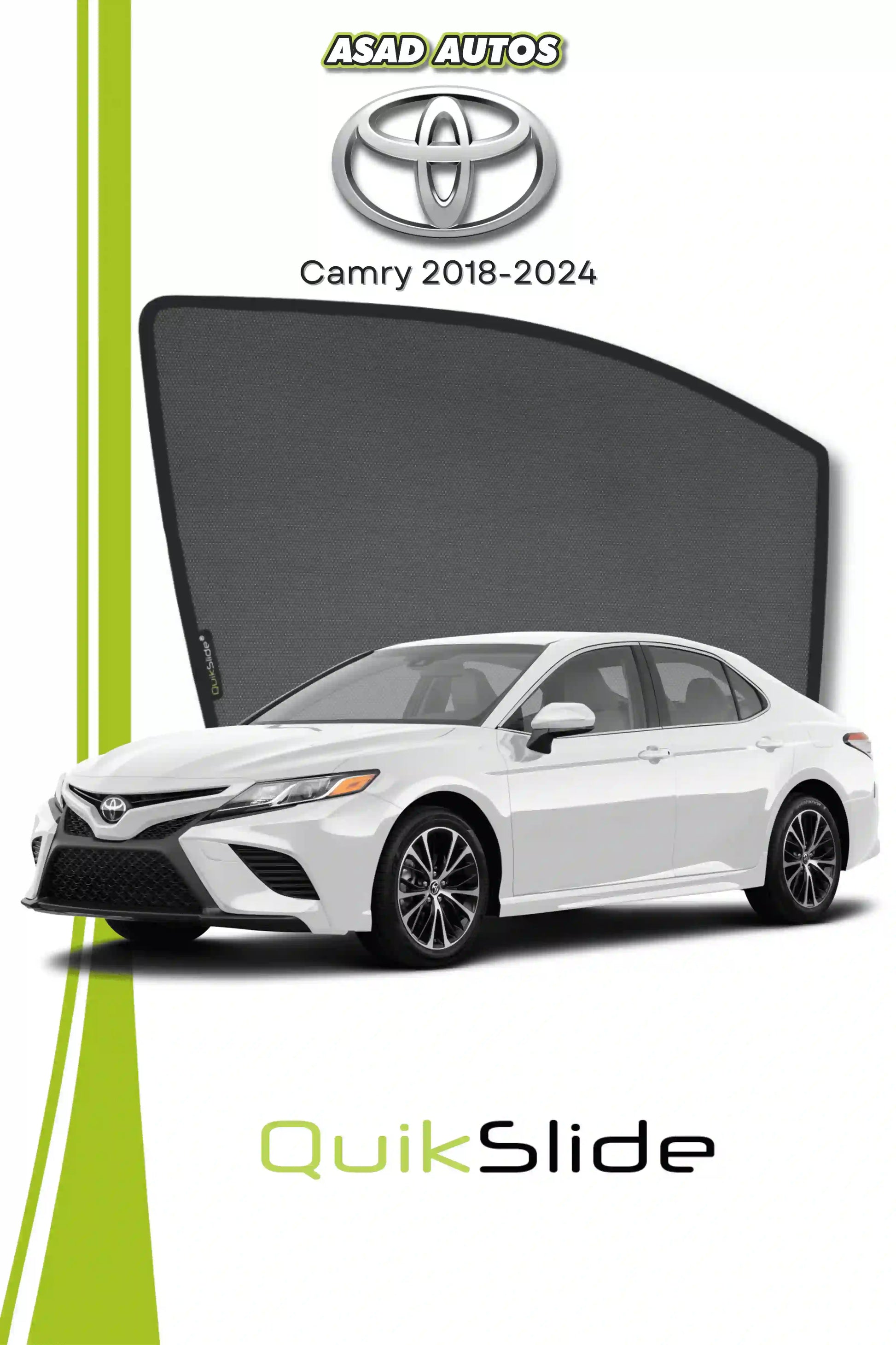 QS QuikSlide custom fit window sun shades installed on Toyota Camry 2018-2024 sedan side window