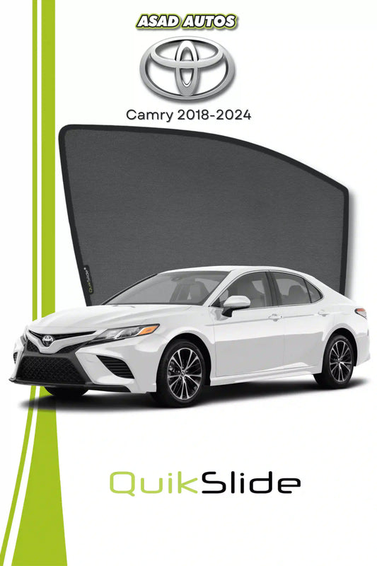 QS QuikSlide custom fit window sun shades installed on Toyota Camry 2018-2024 sedan side window