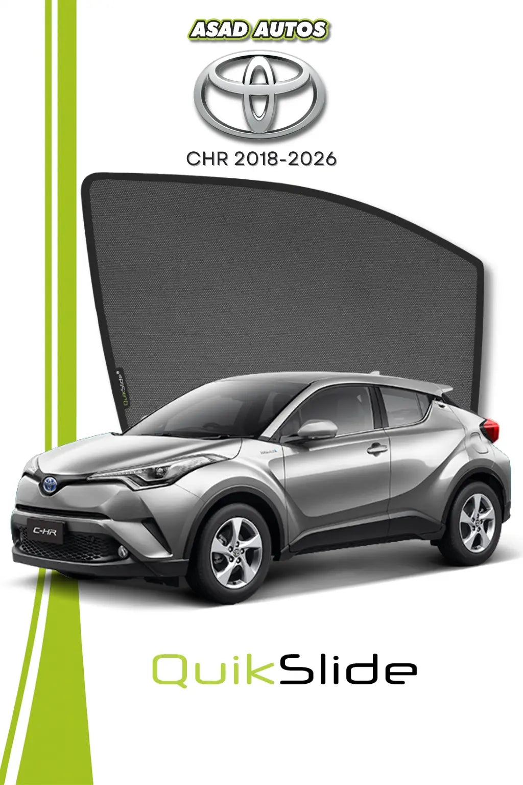 QS QuikSlide custom fit window sun shades installed on Toyota C-HR 2018-2026 crossover side window