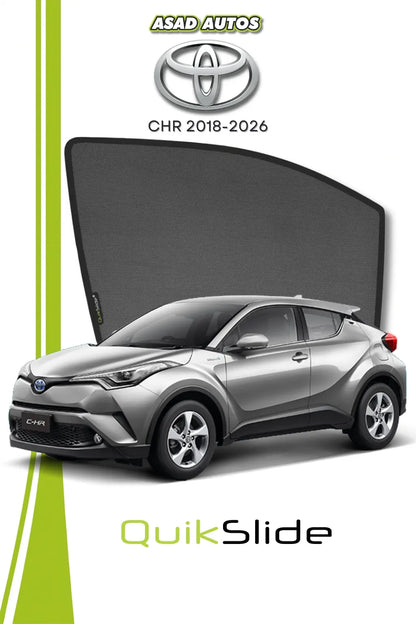 QS QuikSlide custom fit window sun shades installed on Toyota C-HR 2018-2026 crossover side window