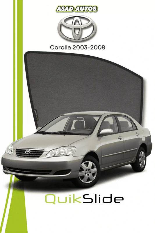 QS QuikSlide custom fit window sun shades installed on Toyota Corolla 2003-2008 sedan side window