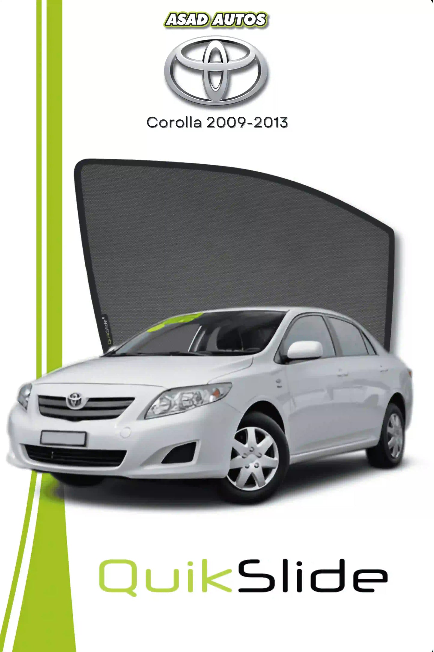 QS QuikSlide custom fit window sun shades installed on Toyota Corolla 2009-2013 sedan side window