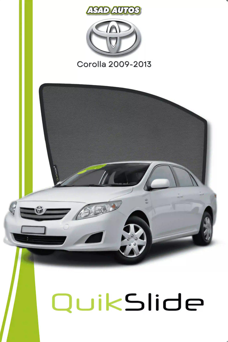 QS QuikSlide custom fit window sun shades installed on Toyota Corolla 2009-2013 sedan side window