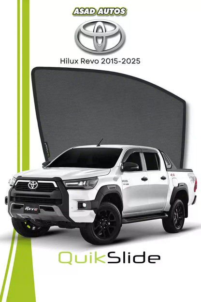 QS QuikSlide custom fit window sun shades installed on Toyota Hilux Revo 2015-2025 side window