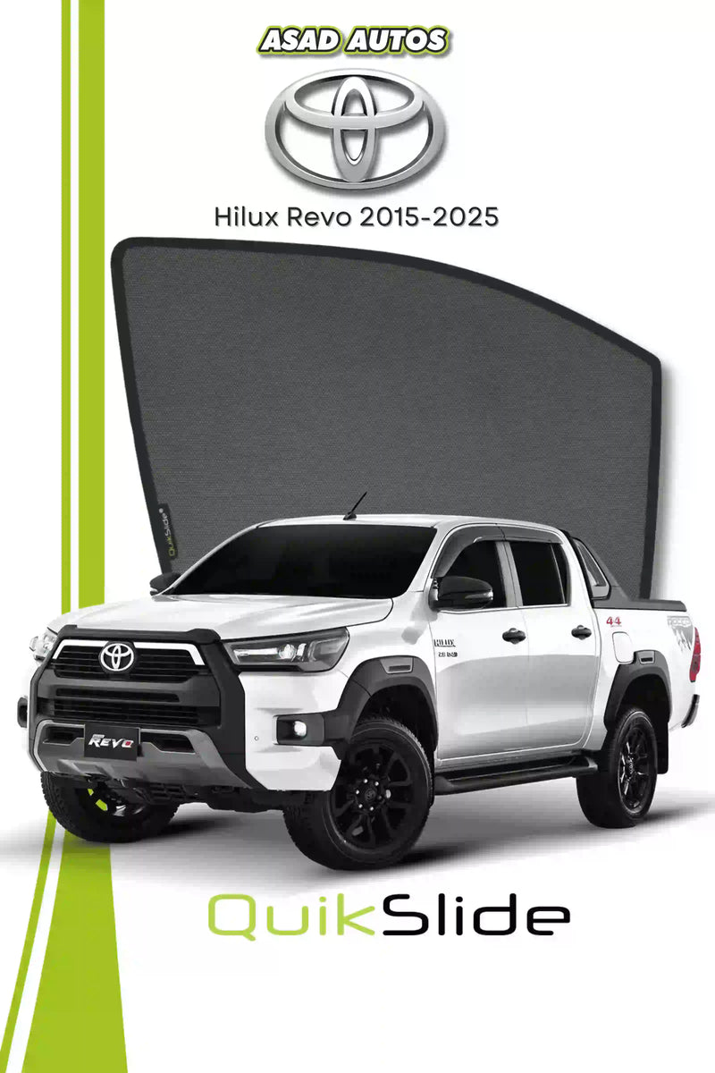 QS QuikSlide custom fit window sun shades installed on Toyota Hilux Revo 2015-2025 side window