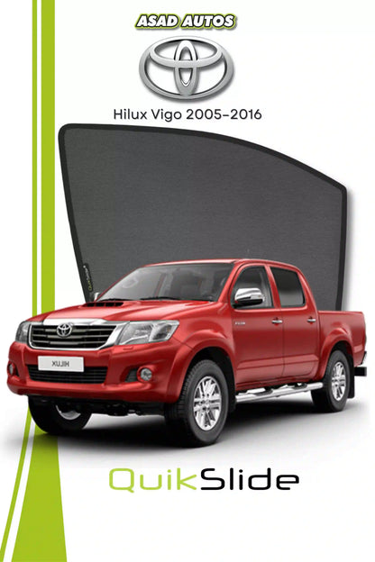 QS QuikSlide custom fit mesh sun shades installed on Toyota Hilux Vigo 2005-2016 pickup side window