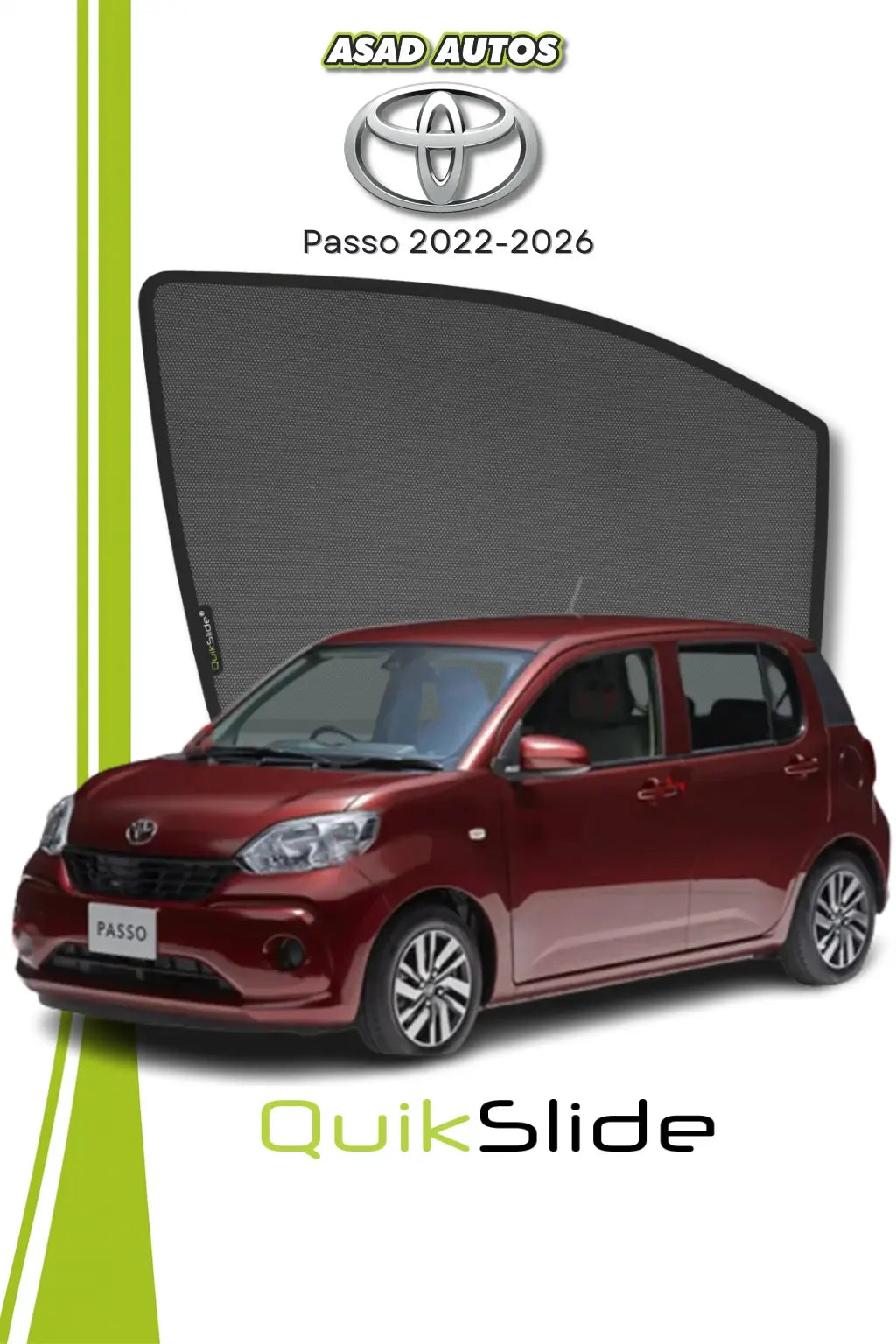 QS QuikSlide custom fit magnetic sun shades installed on Toyota Passo 2022-2026 hatchback side window