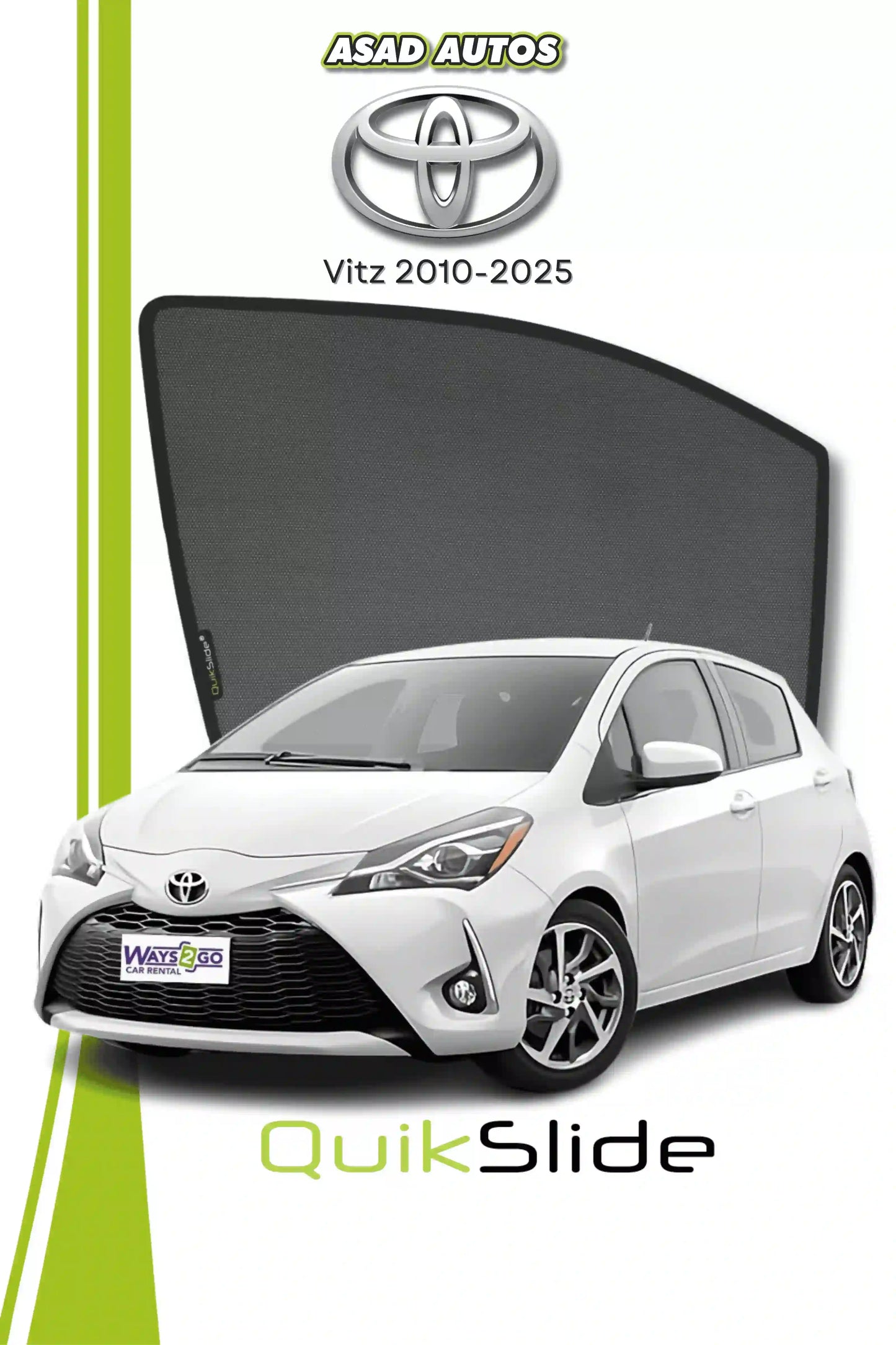 QS QuikSlide custom fit window sun shades installed on Toyota Vitz 2010-2025 hatchback side window