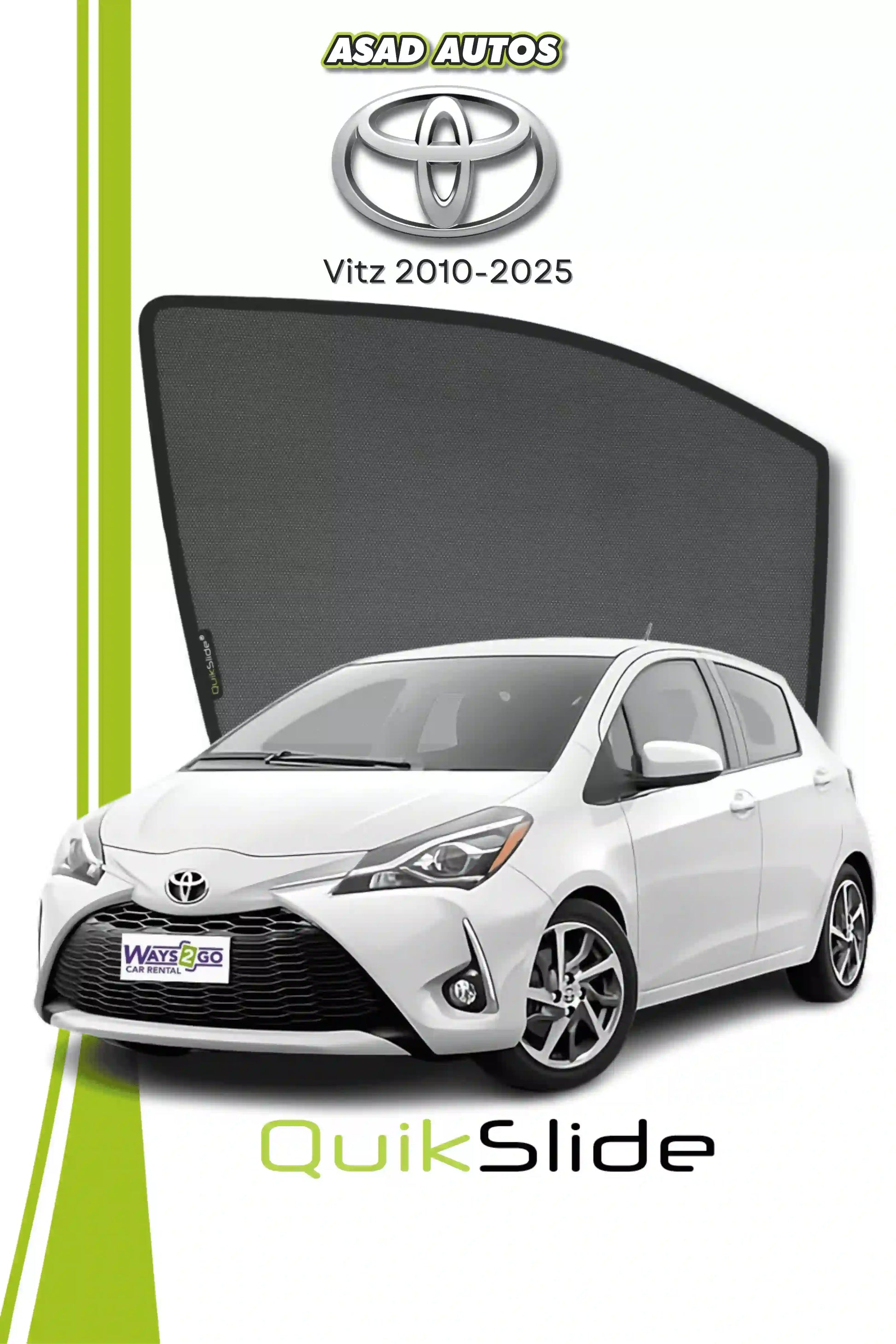 QS QuikSlide custom fit window sun shades installed on Toyota Vitz 2010-2025 hatchback side window