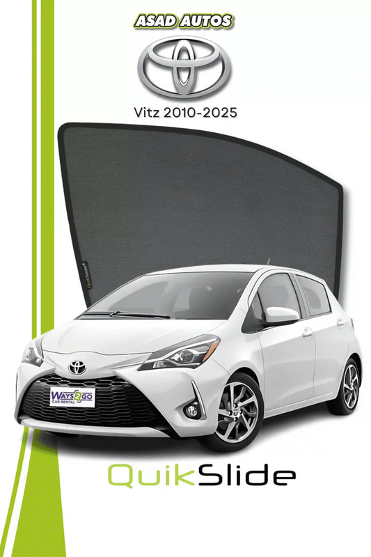 QS QuikSlide custom fit window sun shades installed on Toyota Vitz 2010-2025 hatchback side window