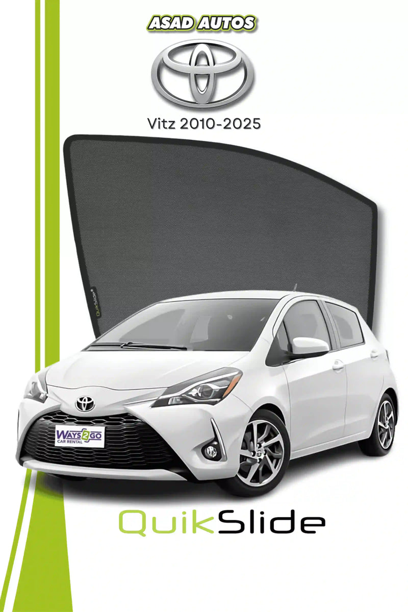 QS QuikSlide custom fit window sun shades installed on Toyota Vitz 2010-2025 hatchback side window