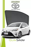 QS QuikSlide custom fit window sun shades installed on Toyota Vitz 2010-2025 hatchback side window