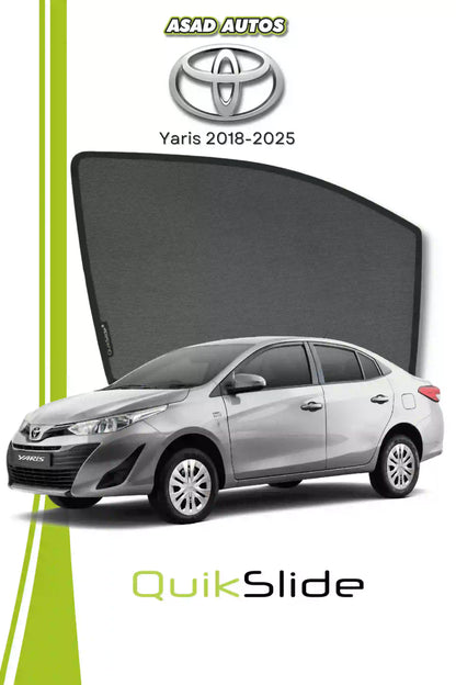 QS QuikSlide window sun shades installed on Toyota Yaris 2018-2026 sedan side window