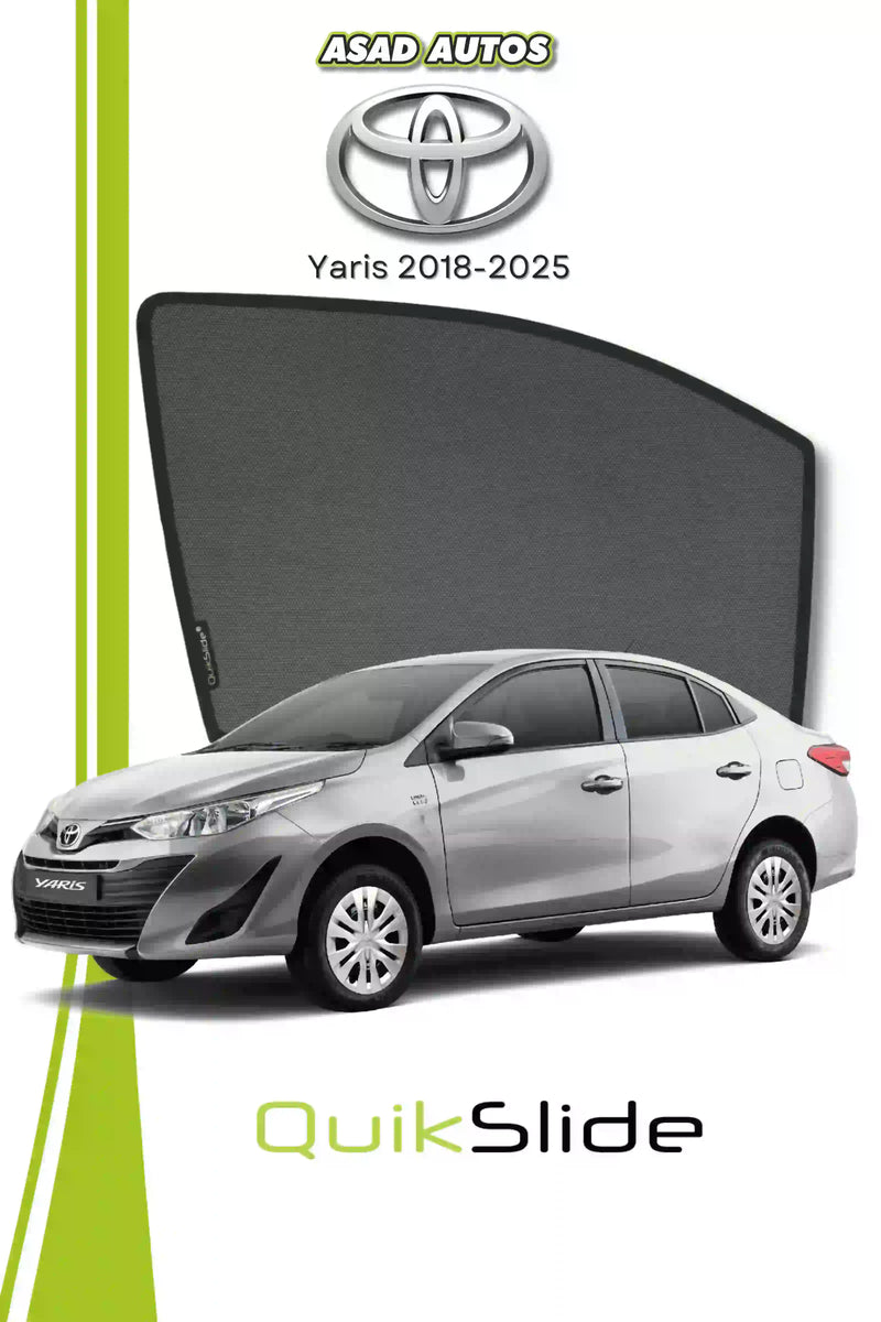 QS QuikSlide window sun shades installed on Toyota Yaris 2018-2026 sedan side window