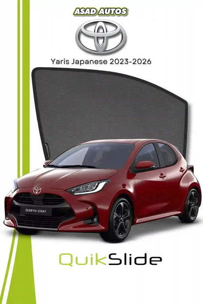 QS QuikSlide custom fit sun shades installed on Toyota Yaris Japanese 2023-2026 side window