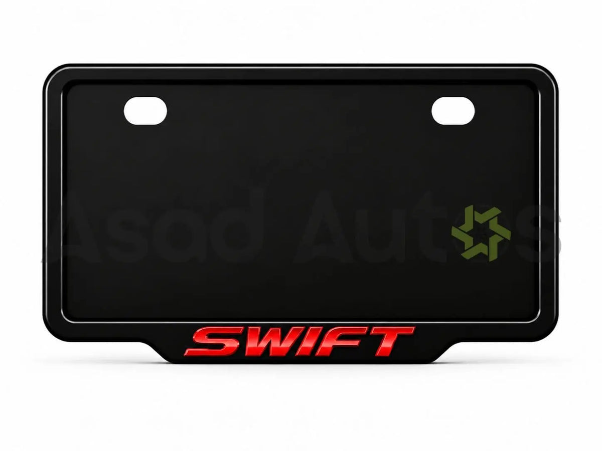 Raptic plate frame fitted to the front bumper of a Suzuki Swift