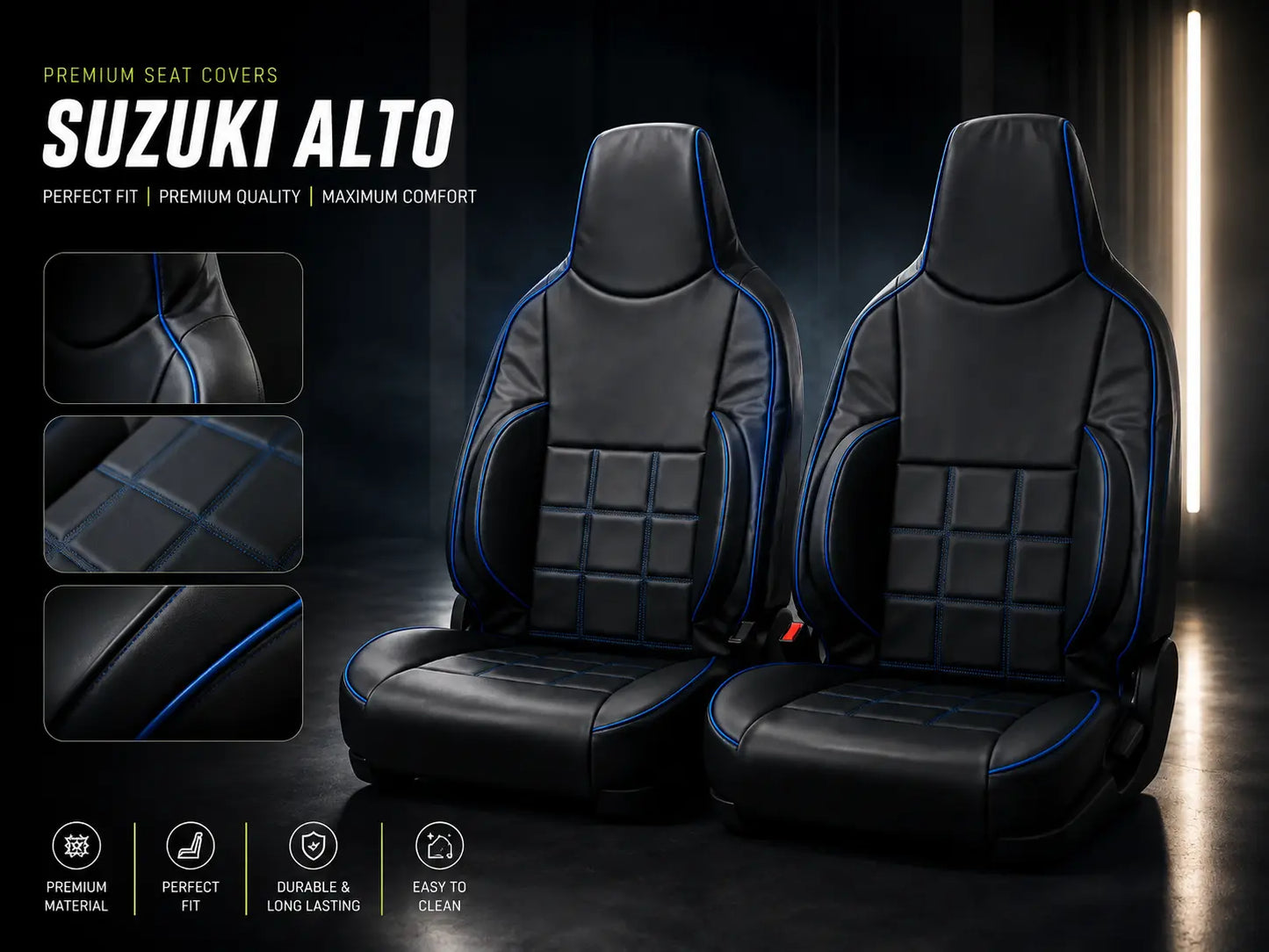 Suzuki Alto bespoke custom-fit Black & Blue leather seat covers by Asad Autos with premium stitching, OEM fit, durable protection, and enhanced driving comfort.