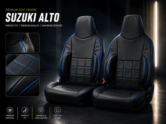 Suzuki Alto bespoke custom-fit Black & Blue leather seat covers by Asad Autos with premium stitching, OEM fit, durable protection, and enhanced driving comfort.