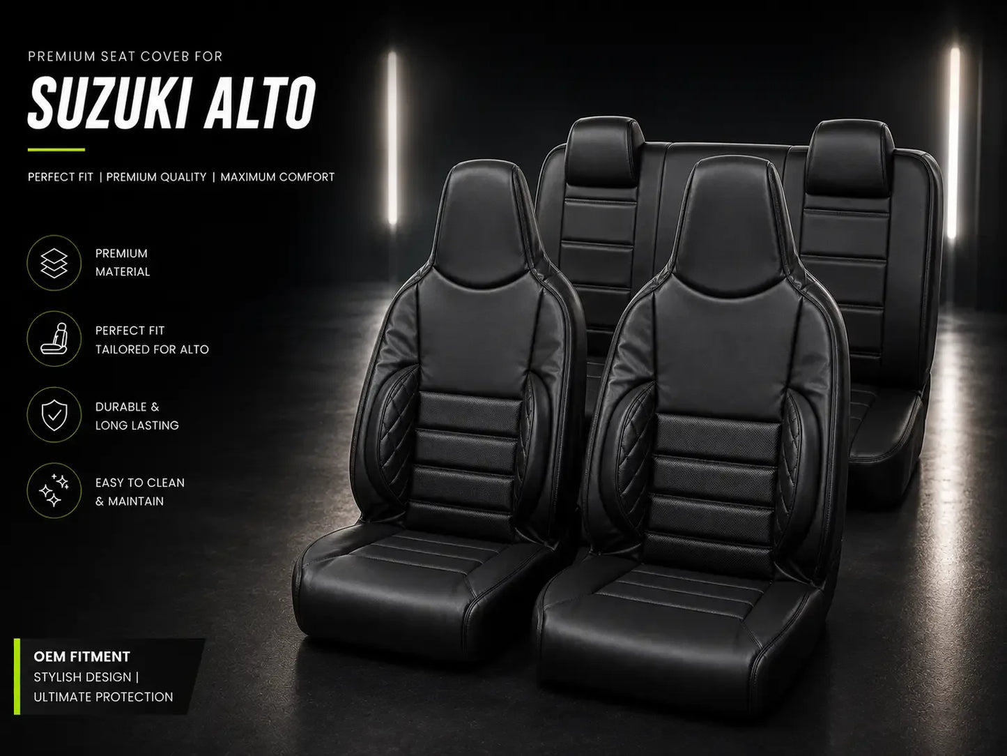 Suzuki Alto bespoke custom-fit black leather seat covers by Asad Autos with premium finish, OEM fit, superior comfort, and durable interior protection.